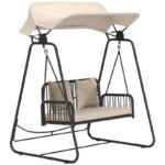 Hollywoodschaukel Rattan 2-Sitzer Gartenschaukel mit verstellbar, Sonnendach Kissen Hängebank, für Garten Balkon, Khaki – Bild 8