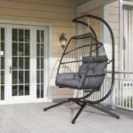 Hängesessel mit Gestell faltbar Hängekorb mit Kissen, Polyrattan, für 2 Personen, belastbar bis 260kg Sessel für Balkon Terrasse, Dunkelgrau – Bild 8